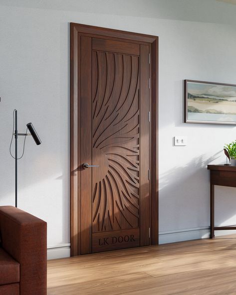 This solid wood door adds a touch of modern elegance to the space. 🚪 📞 (+91) 8447141141 . . . #lkdoor #woodendoors #Homeimprovement #woodendoor #woodworking #door #doors #solidwood #frontdoor #maindoor #interiordesign #architecture Front Door Design Wood Entrance, Wood Single Door Design, Cnc Door Design, Veneer Door Design, Teak Wood Main Door Design, Grand Entry Doors, Cnc Door, Teak Doors, Latest Door Designs