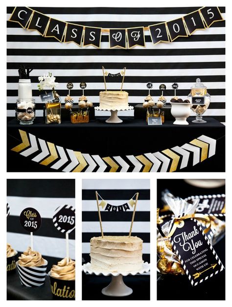 Black and Gold Graduation Party - Pretty My Party Graduation Party Black And Gold, Black And White Graduation Party, Black And Gold Graduation Party, Black And Gold Graduation, High School Graduation Party Decorations, College Grad Party, Senior Graduation Party, Gold Graduation Party, Graduation Party High