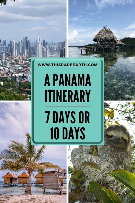 A Panama itinerary - photos of the Panama skyline, a sloth in Panama, and the islands. Vacation In Panama, Travel To Panama, Panama City Itinerary, Panama Itinerary 2 Weeks, Panama With Kids, Panama Travel Guide, Panama Itinerary, Panama Trip, Panama Vacation