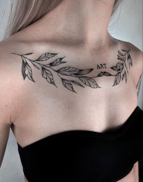 Vines On Chest Tattoo, Animal Collarbone Tattoo, Leaf Chest Tattoo Female, Chest Leaves Tattoo, Collarbone Leaves Tattoo, Ivy Collar Bone Tattoo, Leaves Chest Tattoo, Leaves Collar Bone Tattoo, Olive Branch Collar Bone Tattoo