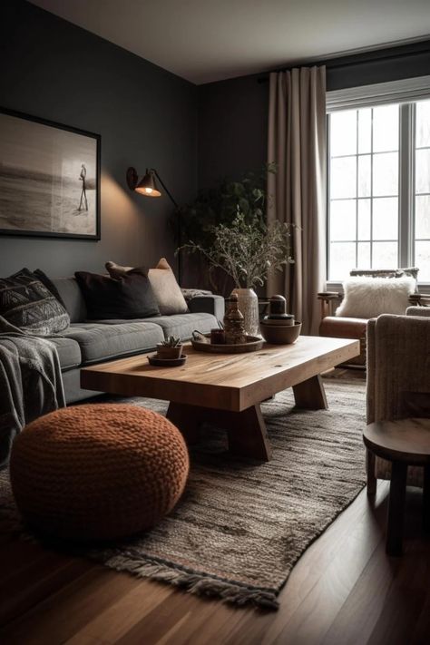 Black Wood Aesthetic Home, Grey And Natural Wood Living Room, Dark Cozy Home, Bachelor Living Room Decor, Gray And Brown Living Room Ideas, Dark Scandinavian Living Room, Dark Neutral Living Room, Male Living Room Ideas, Moody Boho Living Room