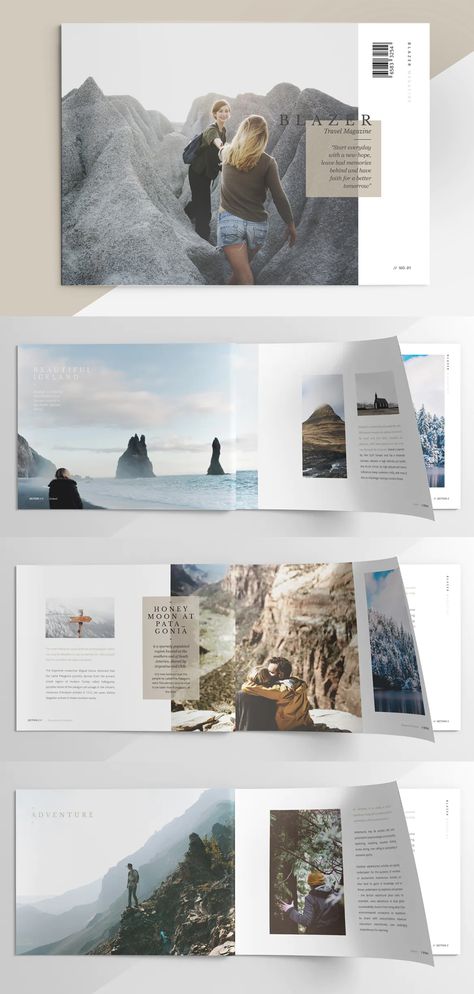 Travel Magazine Template INDD - 15 pages Travel Photo Book Layout Design, Photo Album Template Layout, Photo Album Magazine Layout, Travel Book Design Layout, Digital Photo Album Design, Travel Photo Album Layout, Travel Book Template, Photo Magazine Design, Travel Magazine Aesthetic