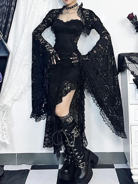 Material: Polyester spandexColor: BlackOption: Bolero Only, Dress OnlySize: XS, S, M, L Bolero Size: Unit: CM Shoulder Sleeve Length XS 33 64 18 S 34 65 18.5 M 35 66 19 L 36.5 67 19.5   Dress Size: Unit: CM Shoulder Waist Hip Length S 67-87 57-69 76-90 118 M 71-91 61-73 80-94 120 L 77-97 67-79 86-100 122   * 1cm ≈ 0.39 Lacy Goth Outfit, Gothic Lace Dress, Goth Outfits Dress, Goth Homecoming, Romantic Goth Dress, Outfit Ideas Goth, Lace Gothic Dress, Dark Costumes, Elegant Goth