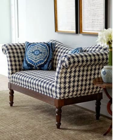 I love this delicate-but-sturdy curved sofa and its spare setting. If I were to keep the houndstooth upholstery, the scale of the print would need to be much smaller. Traditional Loveseat, Traditional Benches, Curved Sofa, Settee, Furniture Styles, Upholstered Furniture, Love Seat, Home Furnishings, Living Room Furniture