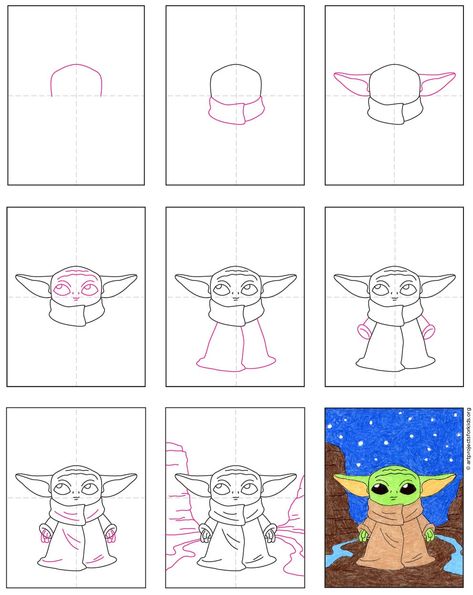 Draw Baby Yoda in Space · Art Projects for Kids How To Draw Grogu Step By Step, Grogu Paintings Easy, How To Draw Grogu, Yoda Painting Easy, How To Draw Baby Yoda, Star Wars Art Easy, Babyyoda Drawing, Star Wars Doodles Easy, Star Wars Art Drawings Easy