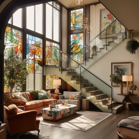 Interesting House Interior, Stained Glass Window Interior, House Interior Eclectic, Murals In Homes, Cool Home Designs, Artistic House Interior, Eclectic House Design, Artsy House Interior, Types Of Houses Styles Interiors