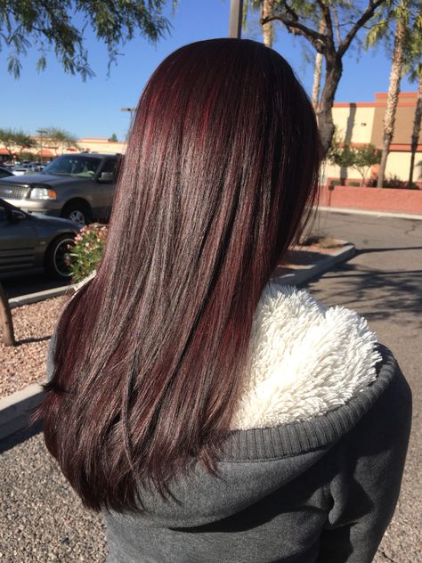 Brown hair with a pop of red violet !                                                                                                                                                     More Dark Brown Dark Red Balayage, Merlot Brown Hair Color, Brown Hair With Cherry Balayage, Cherry Pop Hair Color, Brown With Violet Undertones, Burgundy Hair On Brown Hair, Cranberry Brown Hair, Red Dye On Dark Brown Hair, Brown With Red Undertones Hair