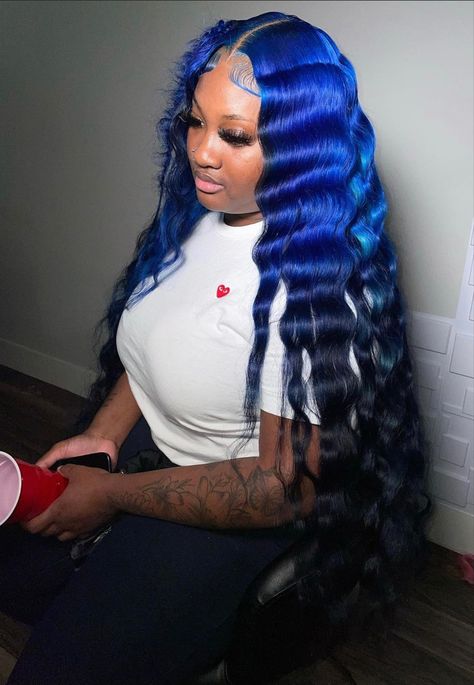 Hd lace, lace front wig, body wave wig, 30 in wig, fishtail wig, royal blue hair, blue hair, bluw and black ombre, black girl, black girl wig, black girl hair inspo, wig inspo, middle part, baby hairs Blue Closure Sew In, Blue Crimped Wig, Royal Blue Wig Install, Messy Crimped Hair, Blue Deep Wave Wig, Middle Part With Crimps, Lace Wig Hairstyles Black Women, Blue Wig Install, Crimps Hairstyles For Black Women