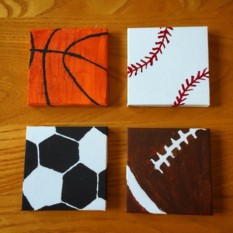 Mini set of sports canvas paintings.  Art Instagram page: @myself_on_paper Sports Canvas Paintings, Sports Paintings On Canvas, Mini Canvas Art Simple, Cute Mini Canvas Paintings Easy, Art Instagram Page, Easy Small Canvas Paintings, Simple Mini Canvas Paintings, Tiny Canvas Art, Sports Paint