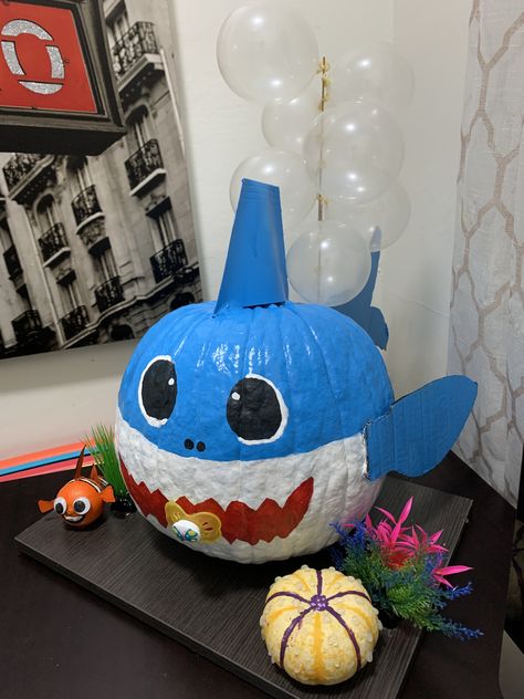 Baby shark inspired no carve pumpkin complete with bubbles, sea urchin and Nemo! Baby Axy’s first Fall festival and contest. He won!!🥇🏆🤸🏽‍♂️ Pumpkin Sea Creatures, Baby Shark Pumpkin, Shark Pumpkin Carving, Shark Pumpkin, Fish Pumpkin, Nemo Baby, No Carve Pumpkin, Pumpkin Cravings, Pumpkin Contest