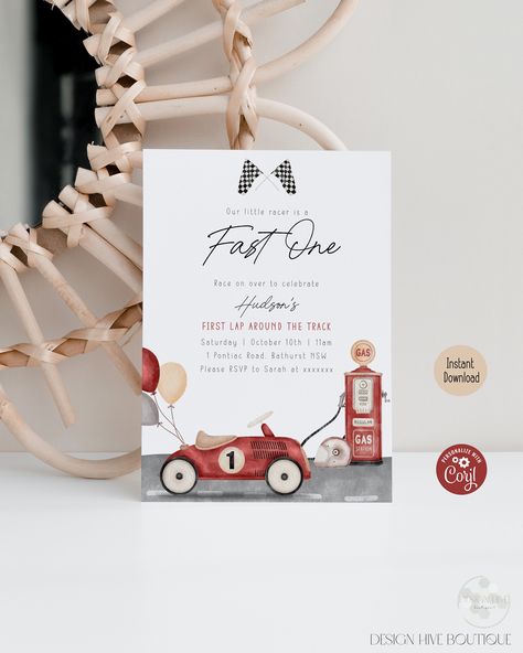 Fast One First Birthday, Car 1st Birthday, Boy Vintage, Vintage Race Car, First Birthday Invitations, Birthday Printables, Office Max, Vintage Racing, Race Car