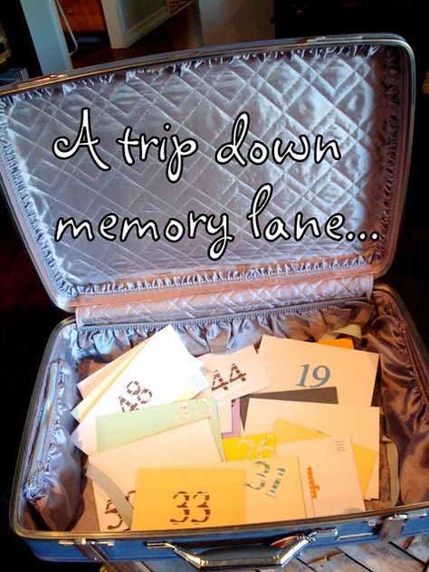 A trip down memory lane party...  a suitcase filled with memories emailed from friends... I think this would be awesome for anniversaries and/or "big b-days...70, 80, 90! 60th Birthday Ideas, 50th Birthday Ideas, 75th Birthday Parties, Moms 50th Birthday, 90th Birthday Parties, 50th Wedding Anniversary Party, 50th Anniversary Party, 90's Birthday Party, 70th Birthday Parties