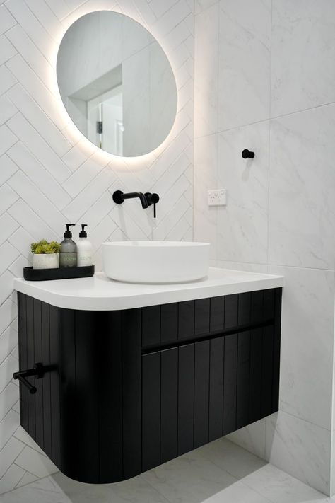 Black Floating Vanity Bathroom, Vanity Ideas Black, Floating Vanity Powder Room, Black Floating Vanity, Small Vanity Ideas Bathroom, Vanity Bathroom Ideas, Floating Vanity Bathroom, Matte Black Vanity, Modern Powder Rooms