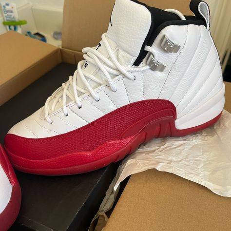 Cherry 12s Outfit, Cute Nike Shoes For Women, Red And White Shoes, Jordan 12 Cherry, Red And White Sneakers, Cherry Shoes, Cherry 11s, Shoes List, Cute Jordans