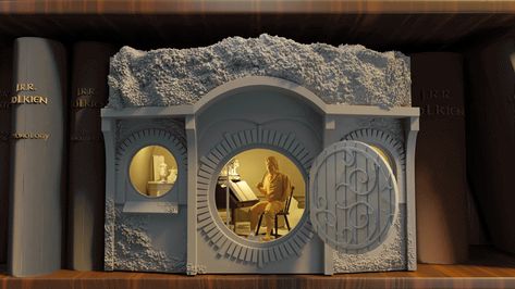 Book Nook - Lamp Bag End. Bilbo Baggins, The Lord of the Rings Hobbit Hole Book Nook, 3d Book Nook, The Hobbit Book Nook, Book Nook Lord Of The Rings, Booknook Shelf Insert, Beach Beer, Beer Top, Whatsapp Logo, Trophies And Medals