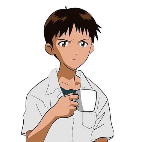 shinji holding a mug Shinji Holding A Mug, Holding Mug Reference, Evangelion Shinji, 80s Logo, Evangelion Art, Coffee Stickers, Poses References, Genesis Evangelion, Anime Stickers