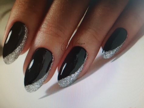 Black And Silver Gel Nails Short, Silver And Black Glitter Nails, Black Nails With Glitter Tips, Black Nails With Silver Glitter, Grey Acrylic Nails, Black Almond Nails, Glitter Tip Nails, Black Nails With Glitter, Bridesmaids Nails