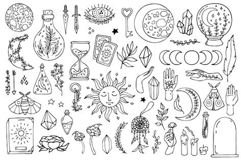 Set of doodle esoteric symbols magical o... | Premium Vector #Freepik #vector #moon #moonlight #sun #nature Astrology Doodles, Spiritual Doodles, Moon Doodles, Witchy Doodles, Astrology Symbols, Ugly Things, Inspo Tattoo, Magical Elements, Mystical Symbols