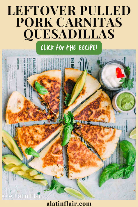 Leftover pulled pork? Make these PULLED PORK CARNITAS QUESADILLAS. Cheesy, crispy carnitas quesadillas in no time! Perfect for a quick meal everyone will love! 🧀🌮CLICK FOR THE RECIPE! 🍽️ Easy Quesadillas, Leftover Carnitas, Crispy Carnitas, Pork Quesadilla, Pulled Pork Carnitas, Pulled Pork Quesadilla, Easy Quesadilla, Leftover Pulled Pork, Savory Recipe