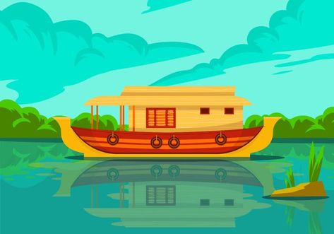 Kerala Houseboat Vector Background Illustration House Boat Kerala, Boat Illustration, Boat Drawing, Beautiful Art Paintings, Boat House, Houseboat, House Drawing, Background Illustration, Types Of Houses