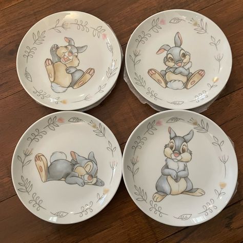 Disney Thumper Set 4 Appetizer Plates Winnie The Pooh Ceramic Plate, Vintage Disney Home Decor, Disney Backsplash, Disney Place Settings, Disney Kitchen Stuff, Vintage Disney Decor, Disney Loft, Disney House Decor, Cinderella Bedroom