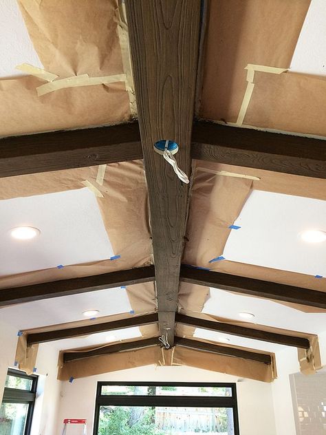 DIY Faux Wood Beams | withHEART | Bloglovin’ False Beams Ceilings Diy Wood, Diy Faux Wood Beams, Sunroom Ceiling, Faux Ceiling Beams, Faux Wood Ceiling, Utah House, Washington House, Beam Ceiling, Sink Repair