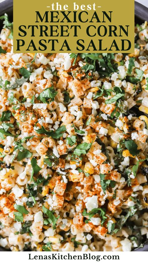 Try this Mexican Street Corn Pasta Salad for a fusion of vibrant Italian and Mexican flavors! It features fire-roasted corn, zesty chipotle lime dressing, and creamy cotija cheese, creating a perfect balance of tangy, spicy, and savory notes. Serve it as a refreshing side dish at your next summer barbecue or potluck. Street Corn Pasta Salad Ditalini, Mexican Sweet Corn Pasta Salad, Roasted Corn Pasta Salad, Refreshing Appetizers For Summer, Mexican Corn Pasta Salad, Cotija Cheese Recipes, Chipotle Lime Dressing, Mexican Street Corn Pasta Salad, Mexican Street Corn Pasta