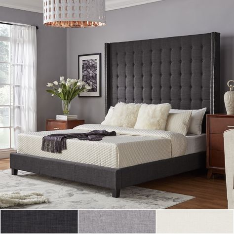 Marion Nailhead Wingback Tufted 84-Inch High Headboard Platform Bed by iNSPIRE Q Bold (Queen Size - Cream (Ivory) White Linen) Gray Walls Bedroom Decor, High Platform Bed, Bedding Trends, High Headboard Beds, Contemporary Beds, Headboard Platform Bed, Monochromatic Bedroom, Gray Bedroom Walls, High Bed