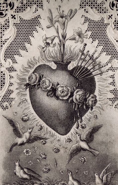 Sacred Heart Tattoo Mexican, Immaculate Heart Tattoo, Immaculate Heart Of Mary Tattoo, Sacred Heart Illustration, Sacred Heart Drawing, Vintage Sacred Heart, Sacred Heart Of Mary, Sacred Heart Tattoo, Roman Catholic Art