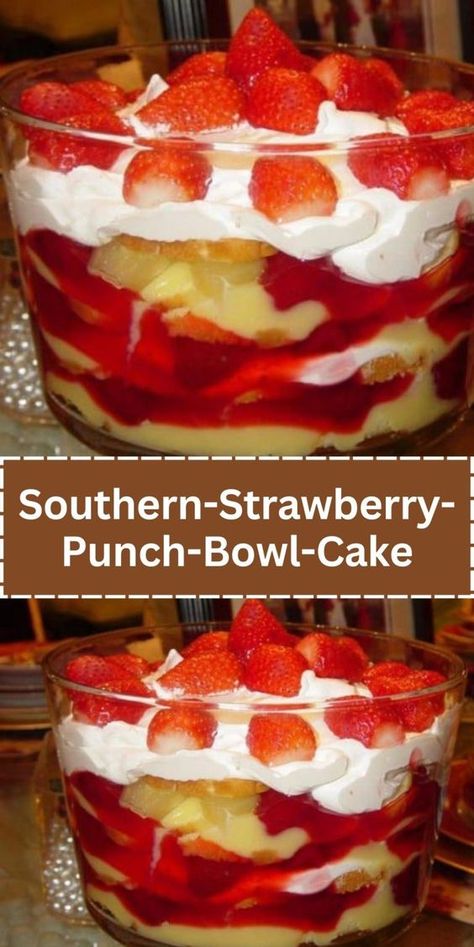 Southern Strawberry Punch Bowl Cake Strawberry Punch Bowl Cake, Fruit Salad With Vanilla Pudding, Punch Bowl Cake Recipe, Strawberry Punch, Vanilla Pudding Recipes, Punch Bowl Cake, Weight Watcher Desserts, Weight Watchers Recipes Desserts, Cheesy Potato