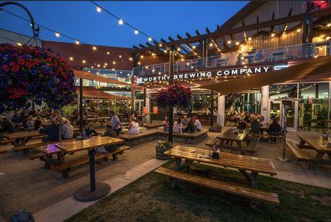 Industrial Beer Garden, Outdoor Brewery, Brewery Exterior, Backyard Beer Garden, Beer Garden Design, Brewery Interior, Beer Garden Ideas, Outdoor Beer Garden, Garden Lighting Design