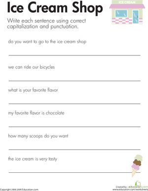 Second Grade Grammar Punctuation Worksheets: Fix the Sentences: Ice Cream Shop Writing Sentences Kindergarten, Sentence Correction Worksheets, Daily Oral Language, Capital Letters Worksheet, Smart Boys, Punctuation Worksheets, Second Grade Writing, German School, Sentence Correction