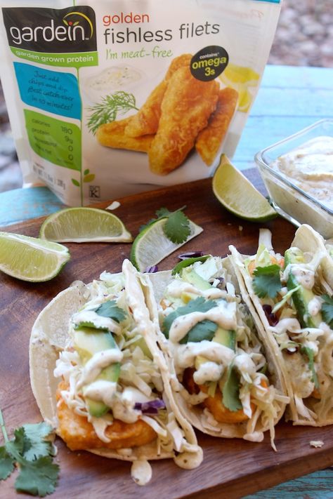 Gardein Recipes, Vegan Fish Tacos, Creamy Avocado Salsa, Salsa Verde Sauce, Avocado Salsa Verde, Tacos With Cabbage Slaw, Fish Tacos With Cabbage, Verde Sauce, Cilantro Dressing