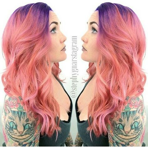 My hair looks similiar to this right now! Unexpected purple and coral  combo. Pin Up Princess, Coral And Purple, Coral Hair, Vivid Hair Color, Peach Hair, Hair Due, Fantasy Hair, Hair Color Purple, Haircut And Color