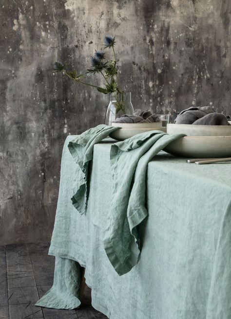 A gorgeous and luxurious pure linen tablecloth in spa green for relaxed and cozy mealtimes. Prewashed during the production process to make it extremely soft. Perfect for lazy informal occasions or no occasion at all. Green Linen Tablecloth, Japandi Apartment, Green Tablecloth, White Table Cloth, Living And Dining Room, Kitchen Linens, Christmas Table Settings, Black Linen, Christmas Table Decorations