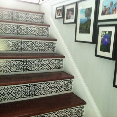 black and white decoration pattern on wooden stair risers Indoor Step Ideas, Steps Ideas Stairs Indoor, Stairs With Tiles And Wood, Indoor Steps Ideas Stairs, Painting Steps Indoors, Stained Stairs With Painted Risers, Black Stairway, Indoor Steps, Wood Stairs With Tile Risers