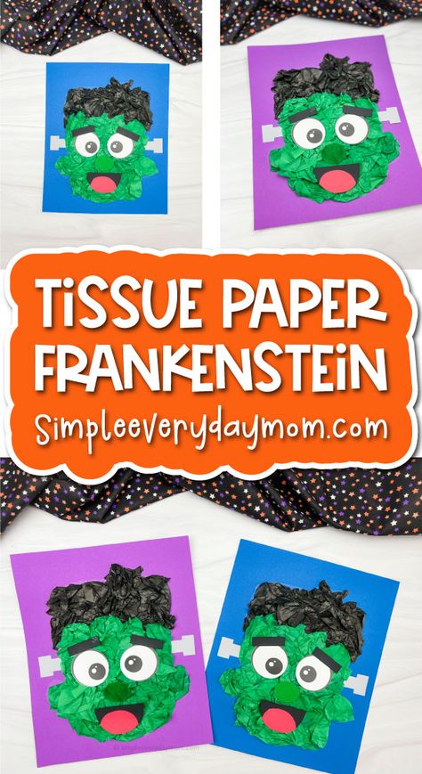 Frankenstein Tissue Paper Craft For Kids [Free Template] Frankenstein Day Activities, Tissue Paper Halloween Crafts, October Preschool, Frankenstein Craft, Kindergarten Craft Activities, Halloween Arts, Tissue Paper Craft, Paper Craft For Kids, Preschool Fall