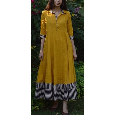 Mustard Flared Maxi with multi-color border Frock Fashion, Long Kurti Designs, Long Dress Design, Salwar Kamiz, Printed Gowns, Indian Gowns Dresses, Kurti Neck Designs, Kurti Designs Party Wear, Kurta Designs Women