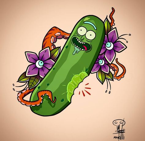 Rick and Morty x Pickle Rick Rick And Morty Drawing Ideas, Rick Tattoo Ideas, Pickle Rick Drawing, Pickle Rick Painting, Rick And Morty Tattoo Ideas, Rick Sanchez Tattoo Ideas, Pickled Rick, Rick And Morty Flash Tattoo, Pickle Rick