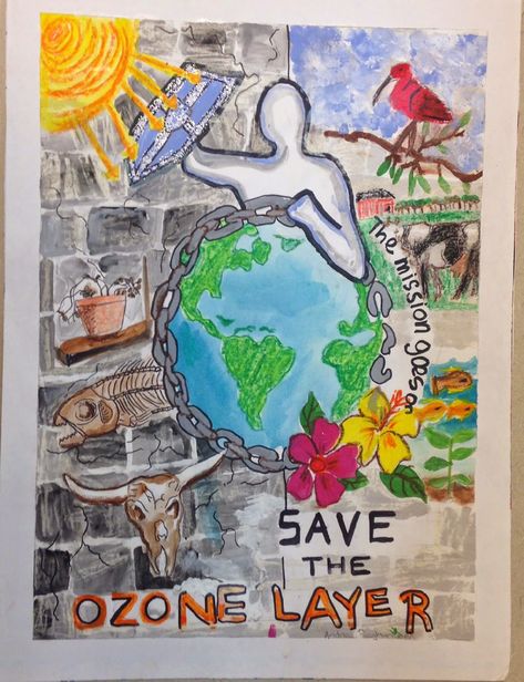 Save Ozone Layer Poster, Dussera Painting, Protection Of Ozone Layer Poster, Ozone Layer Depletion Poster, Environmental Awareness Posters, Ozone Day Poster Drawing, Environment Drawing Ideas, Save Water Poster Drawing, Earth Day Drawing