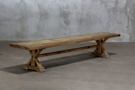 SALVAGED WOOD TRESTLE BENCH - Clubcu Trestle Bench, Pine Doors, Built In Bench, Old Doors, Salvaged Wood, Furniture Shop, French Country, Dining Bench, Beams