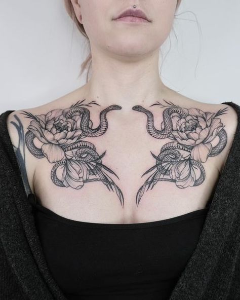 Women’s Neck And Shoulder Tattoo, Alt Collar Bone Tattoo, Bat Chest Piece, Collar Bone Tattoo Cover Up, Bat Chest Tattoo, Chestpiece Tattoo, Chest Neck Tattoo, Traditional Chest Tattoo, Collar Tattoo