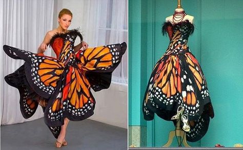 Fab Fashion Design - Amazing Monarch Butterfly Dress | www.FabArtDIY.com LIKE Us on Facebook ==> https://www.facebook.com/FabArtDIY Monarch Butterfly Dress, Crochet Butterfly Free Pattern, Dress Clipart, Latex Skirt, Butterfly Costume, Butterfly Fashion, Simply Crochet, Diy Kostüm, Crochet Butterfly