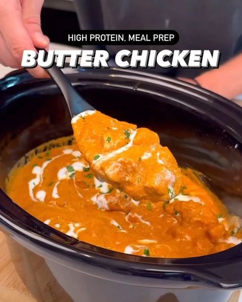 High protein low calorie recipes on Instagram: "Eat or Pass? 👀  Butter Chicken By @stealth_health_life 👈  Per Serving (Rice Bowls): 460 Calories 38g Protein 50g Carbs 11g Fat  Per Serving (Butter Chicken only): 260 Calories 34g Protein 7g Carbs 11g Fat  Ingredients: 30g butter 2 onions, chopped 2 tablespoons tomato paste 2 tablespoons garlic paste 2 tablespoons ginger paste 2 tablespoons paprika 1 tsp cayenne 2 tablespoons garam masala 1 tsp cumin 1 tsp coriander 2 tsp salt Dash of black pepper  One 14 oz can of crushed fire roasted tomatoes 1/2 cup (120ml) water  Optional (add when blending) 1 tablespoon chicken bouillon 1 tablespoon sugar or zero calorie sweetener  32oz chicken breast, diced  High: 2-3 hours Low: 3-4 hours  250g plain nonfat greek yogurt or skyr 30g butter  For rice bo Healthy Butter Chicken Recipe, Slow Cooker Meal Prep, Stealth Health, Health Meal Prep, Family Meal Prep, Ginger Paste, Chicken Bouillon, Nonfat Greek Yogurt, High Protein Low Calorie