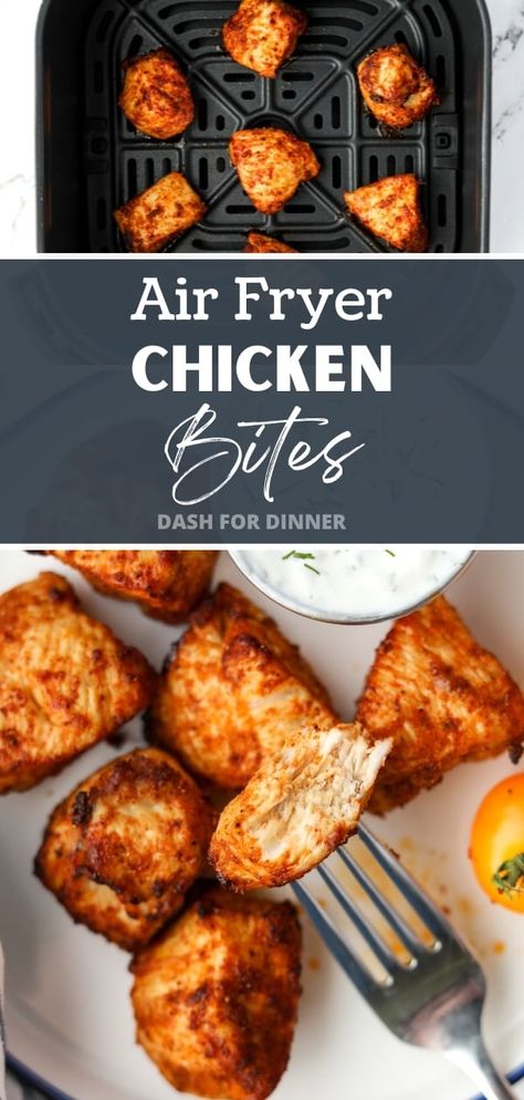 Whether you're looking for air fryer dinner recipes or ways to use chicken breasts, this easy recipe for Air Fryer Chicken Bites is sure to be a new favorite! Made with just a few simple ingredients, this chicken breast recipe is unbreaded, gluten-free, and low carb. It's perfect for meal prep, weeknight dinners, and makes the perfect high protein option for your favorite healthy dinners! Paleo Air Fryer Dinner, Grilled Chicken Recipes In Air Fryer, Airfryer Chicken Nuggets Healthy Recipes, Gluten Free Chicken Air Fryer Recipes, Easy Dinners Air Fryer, Quick Easy Dinner Air Fryer, Healthy Chicken Recipes Meal Prep, Homemade Chicken Bites Air Fryer, Best Chicken Air Fryer Recipes