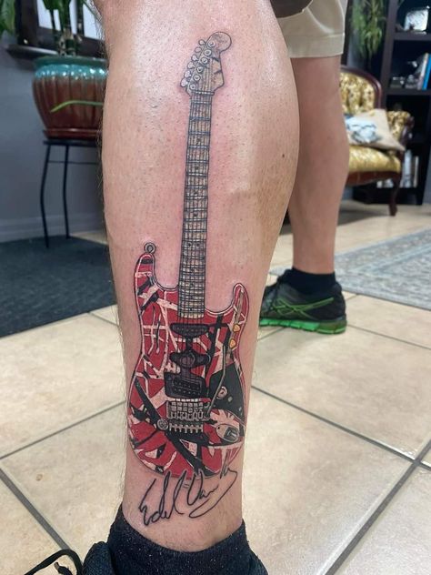 Rock Guitar Tattoo, Eddie Van Halen Tattoo, Van Halen Tattoo, Guitarist Tattoo, Rock Music Tattoo Sleeve, Tattoos For Guitarists, Eddie Van Halen Guitar Pattern, Plant Tattoos, Van Halen Guitar