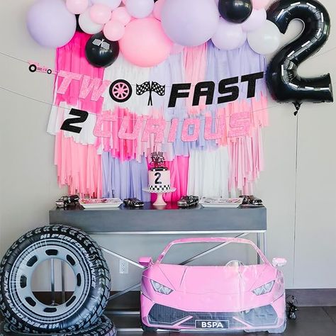 Girly Race Car Party, Fast Furious Birthday Party, Growing Up 2 Fast Birthday Theme Girl, 2 Fast 2 Curious Birthday Girl, Two Fast Two Furious Birthday Girl, Two Fast Two Curious Birthday Party Girl, 2 Fast 2 Furious Birthday Party Girl, Girl Race Car Birthday Party Ideas, Two Fast Birthday Girl