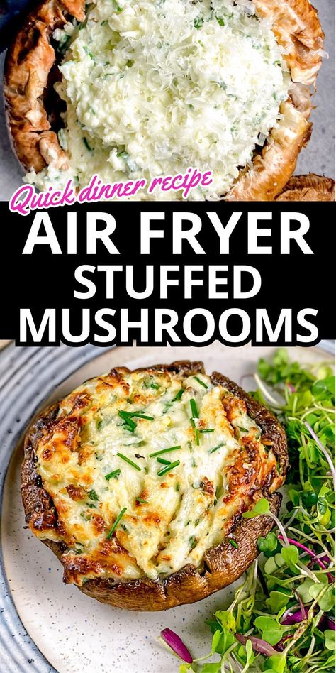 Air Fryer Stuffed Mushrooms, Recipes For Air Fryer, Portabella Mushrooms Recipes, Stuffed Mushroom, Stuffed Portabella Mushrooms, Quick And Easy Appetizers, Air Fryer Dinner Recipes, Air Fryer Healthy, Ooey Gooey