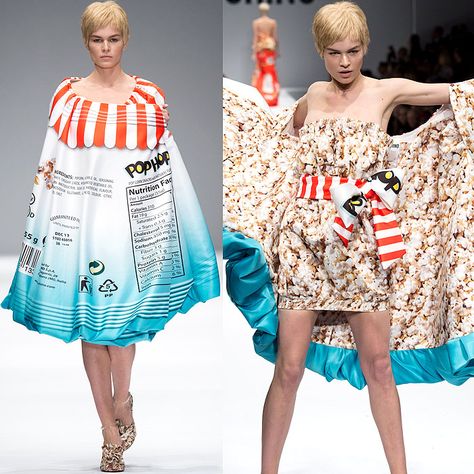 Moschino Fall 2014 popcorn dress Food Fashion Design, Drag Performance, University Application, Camp Fashion, Comic Bubble, Runway Gowns, High Fashion Runway, Food Clothes, Food Fashion