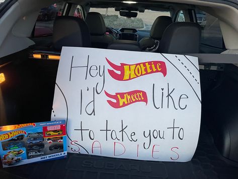 Racing Promposal Ideas, Hotwheels Promposal Ideas, Promposal Signs Funny, Hotwheel Promposal, Hot Wheels Dance Proposal, Posters For Sadies Dance, Sady Hawkins Proposals, Hot Wheels Promposal Ideas, Hot Wheel Promposal